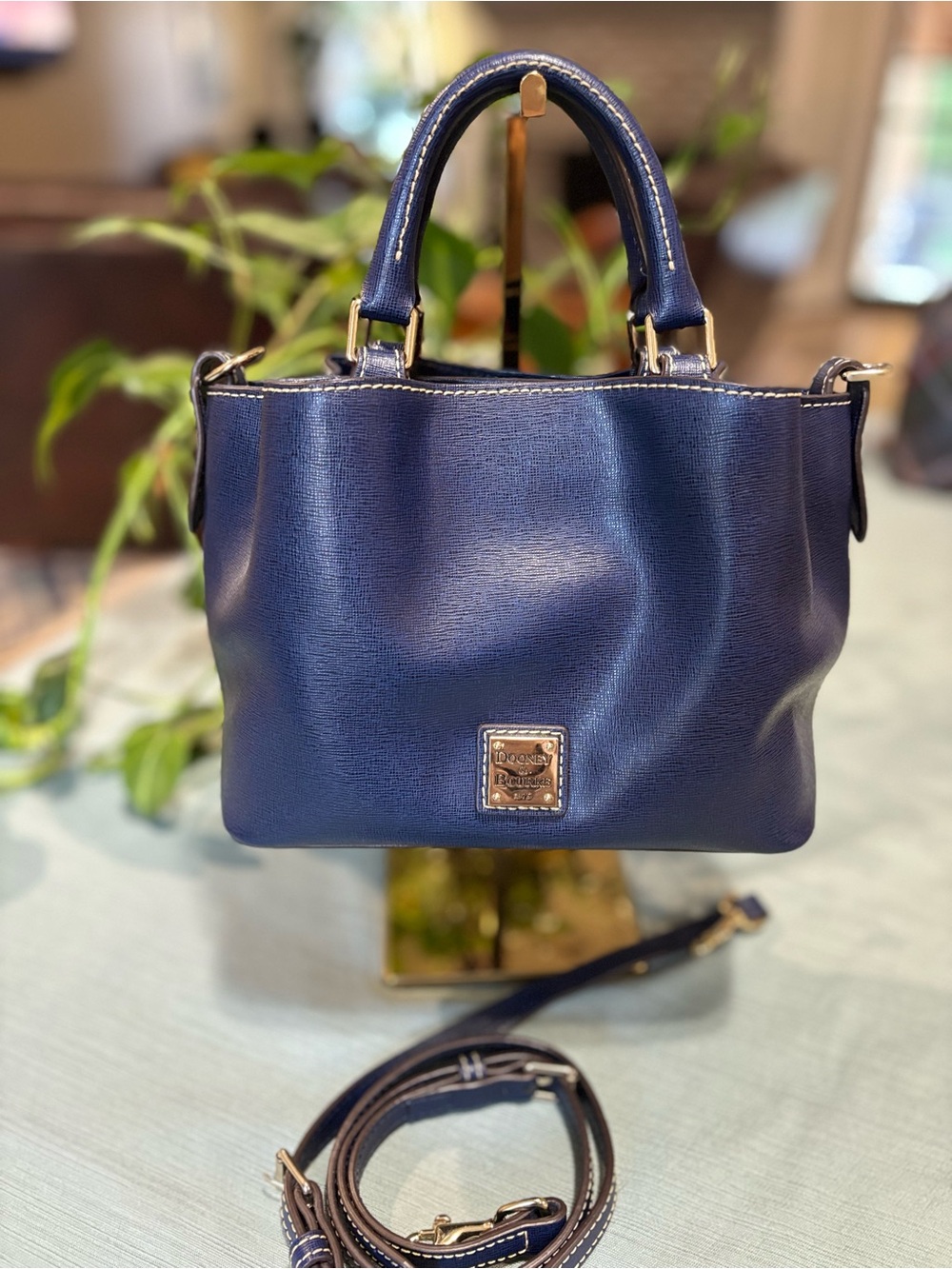 Dooney & Bourke Mini Barlow Saffiano Blue Leather Satchel with Detachable Strap
